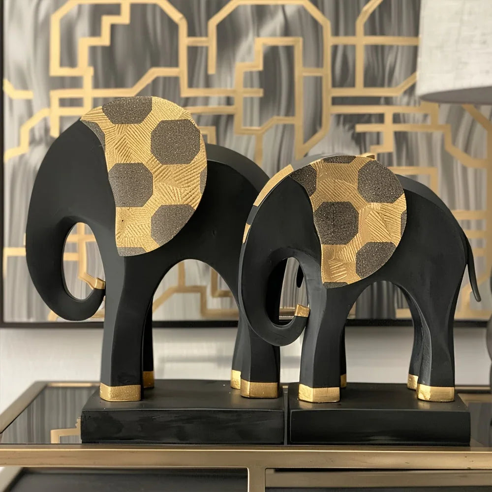 2pc Black Gold Elephant Statue Decor - House Of Avana