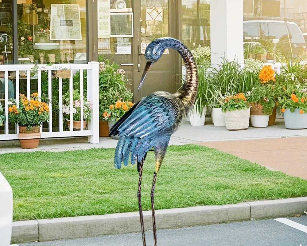 2pc Blue Gold Metal Crane Garden Statue Set - House Of Avana
