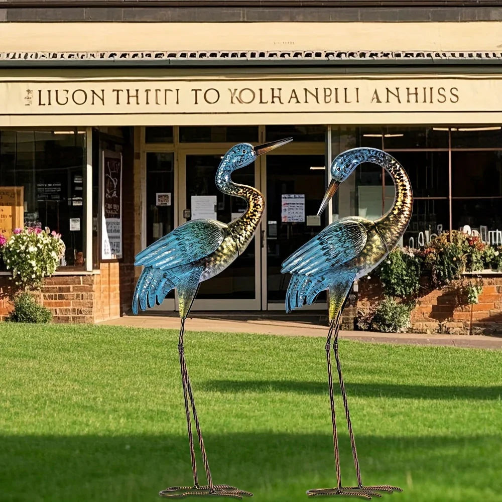 2pc Blue Gold Metal Crane Garden Statue Set - House Of Avana
