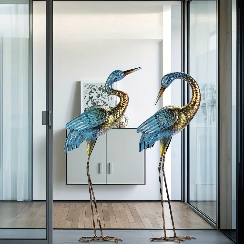 Set of 2 Crane Garden Statues – Blue and Gold Metal [[SKU:HOA-SCU-554]]