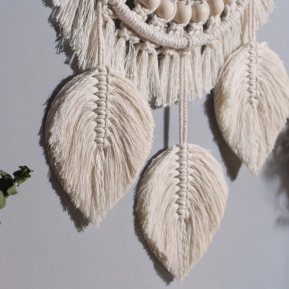 S Bohemian Handmade Wall Mirrors with Wooden Beads & Leaf Tassels – Oval Glass Decorative Mirrors for... - House Of Avana
