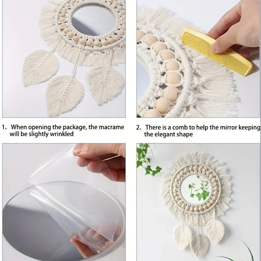 S Bohemian Handmade Wall Mirrors with Wooden Beads & Leaf Tassels – Oval Glass Decorative Mirrors for... - House Of Avana