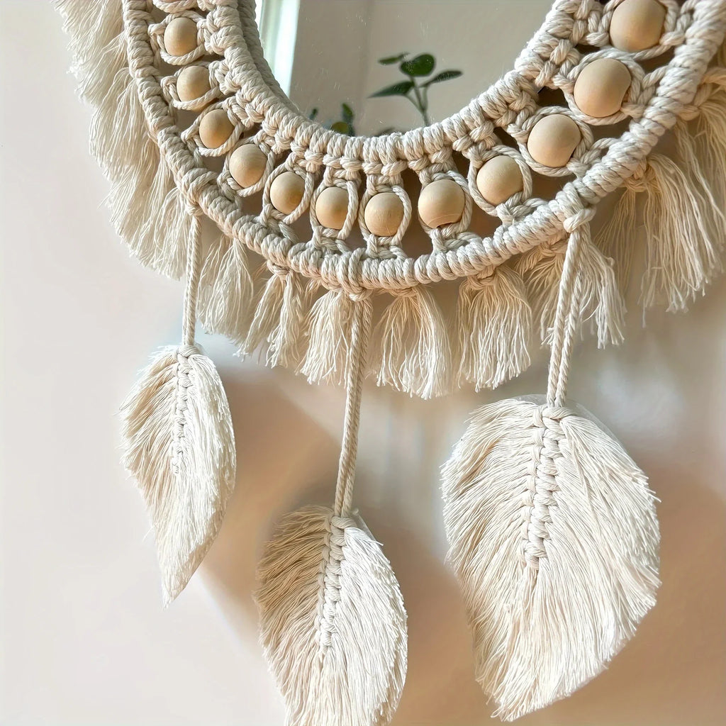 S Bohemian Handmade Wall Mirrors with Wooden Beads & Leaf Tassels – Oval Glass Decorative Mirrors for... - House Of Avana