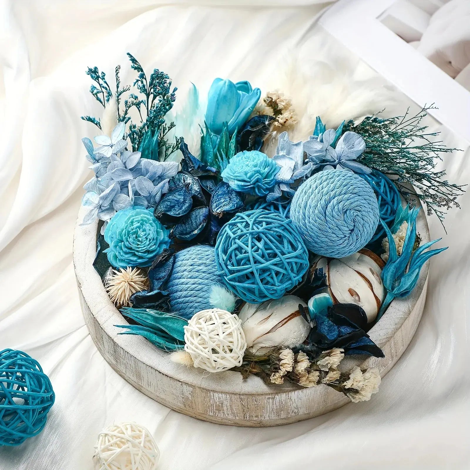 S Natural Recycled Wood Decorative Balls & Rattan Twigs - Blue Series Charming Style Assorted Spherical... - House Of Avana