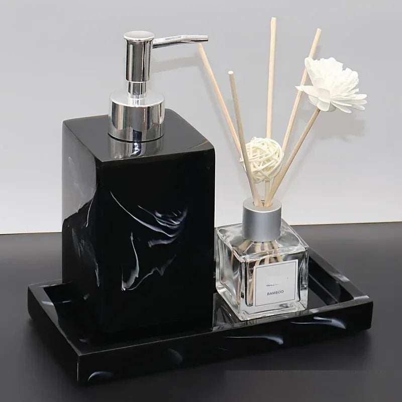 S Bathroom Accessory Set, Marble Look, 500ml Soap Dispenser with Matching Tray, Elegant Countertop... - House Of Avana