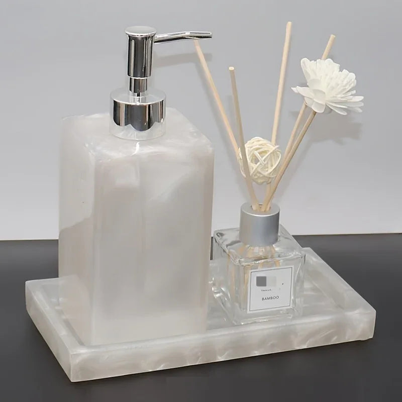S Bathroom Accessory Set, Marble Look, 500ml Soap Dispenser with Matching Tray, Elegant Countertop... - House Of Avana