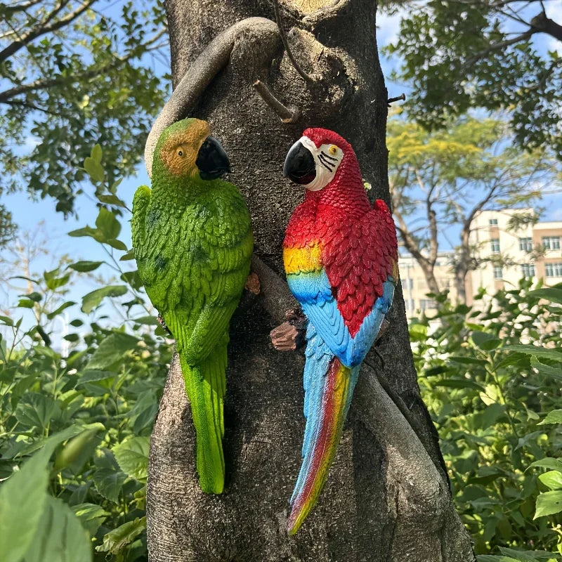 2pcs Art Deco Resin Parrot Sculptures - 12-Inch Lifelike Macaw Statues, Vibrant Green & Red Tropical Bird Wall Decor for Garden, Lawn, Tree, Outdoor Wedding Decoration, Wall-Mounted No Battery Needed, Garden Art | Detailed Fe House Of Avana