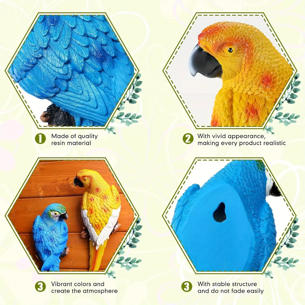 2pcs Art Deco Resin Parrot Sculptures - 12-Inch Lifelike Macaw Statues, Vibrant Green & Red Tropical Bird Wall Decor for Garden, Lawn, Tree, Outdoor Wedding Decoration, Wall-Mounted No Battery Needed, Garden Art | Detailed Fe House Of Avana