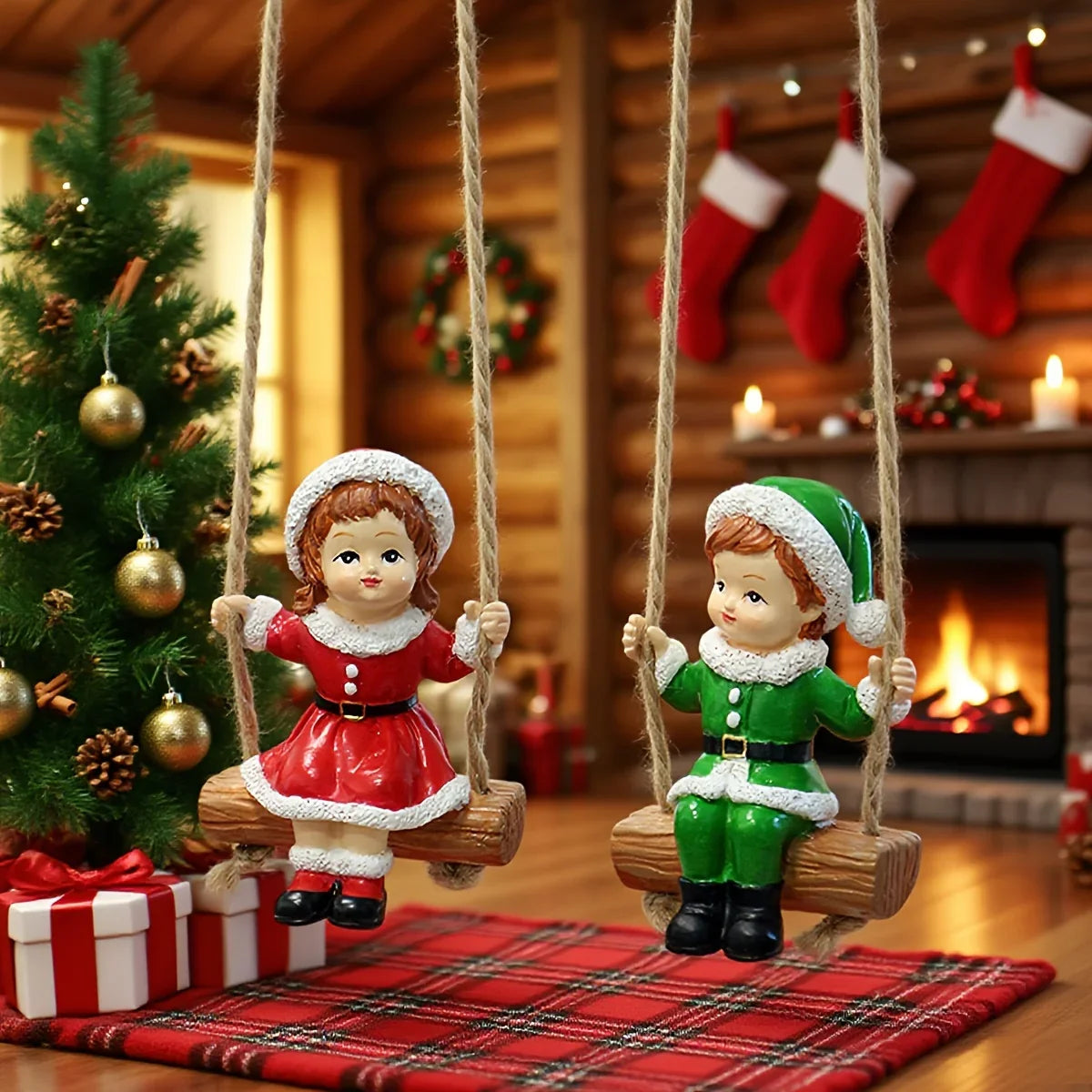 2pcs of home Christmas swing boy and girl pendants, home wall hanging statue decorations, Christmas tree decoration pendants, family holiday window sill decorations, creative garden courtyard decorations, suitable for Christm House Of Avana