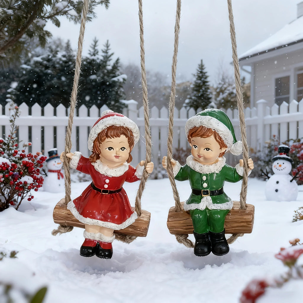 2pcs of home Christmas swing boy and girl pendants, home wall hanging statue decorations, Christmas tree decoration pendants, family holiday window sill decorations, creative garden courtyard decorations, suitable for Christm House Of Avana