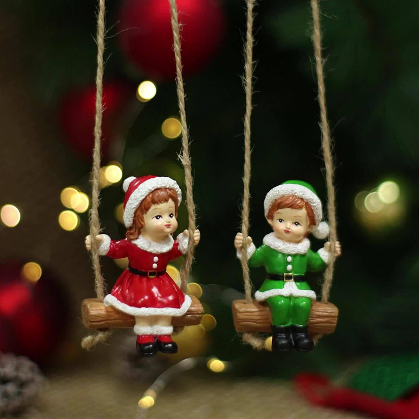 2pcs of home Christmas swing boy and girl pendants, home wall hanging statue decorations, Christmas tree decoration pendants, family holiday window sill decorations, creative garden courtyard decorations, suitable for Christm House Of Avana