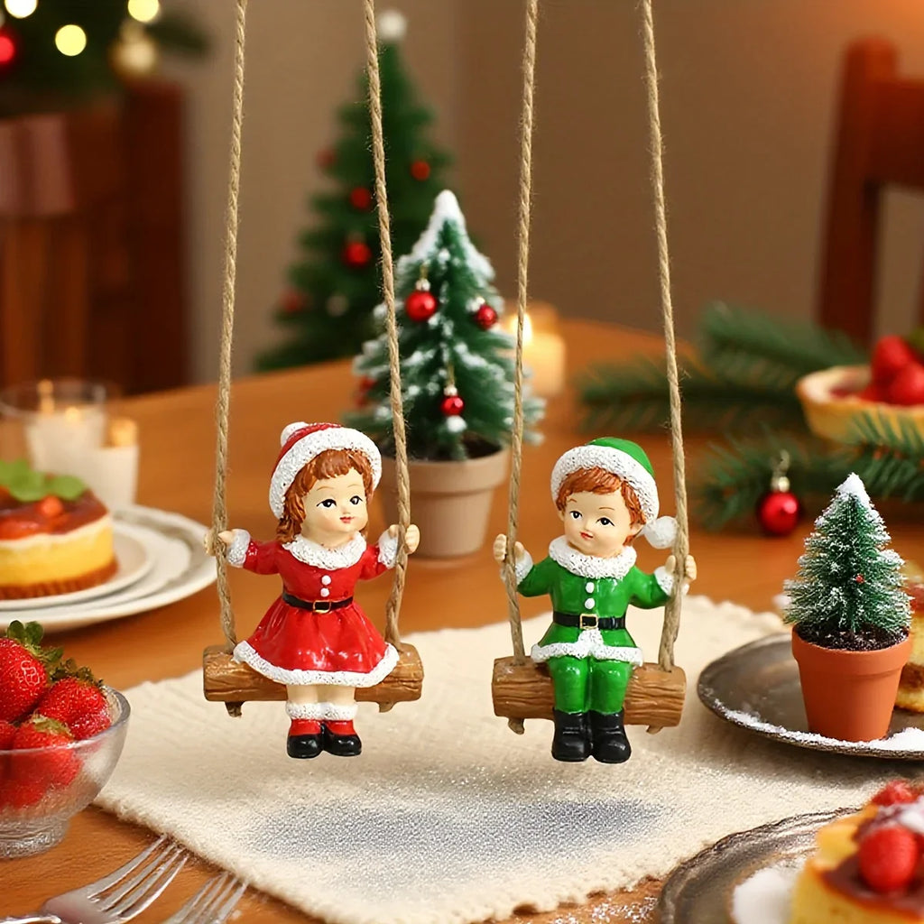 2pcs of home Christmas swing boy and girl pendants, home wall hanging statue decorations, Christmas tree decoration pendants, family holiday window sill decorations, creative garden courtyard decorations, suitable for Christm House Of Avana