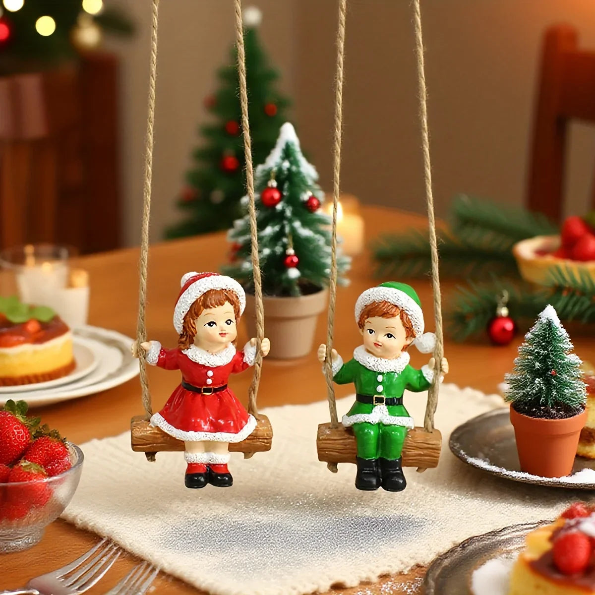 2pcs of home Christmas swing boy and girl pendants, home wall hanging statue decorations, Christmas tree decoration pendants, family holiday window sill decorations, creative garden courtyard decorations, suitable for Christm House Of Avana