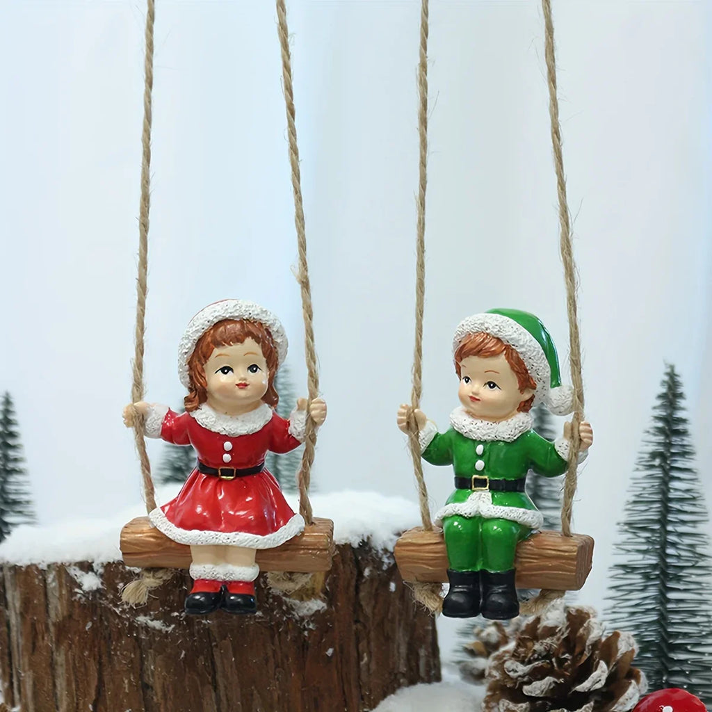 2pcs of home Christmas swing boy and girl pendants, home wall hanging statue decorations, Christmas tree decoration pendants, family holiday window sill decorations, creative garden courtyard decorations, suitable for Christm House Of Avana