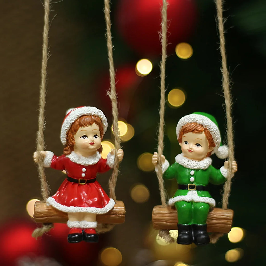 2pcs of home Christmas swing boy and girl pendants, home wall hanging statue decorations, Christmas tree decoration pendants, family holiday window sill decorations, creative garden courtyard decorations, suitable for Christm House Of Avana
