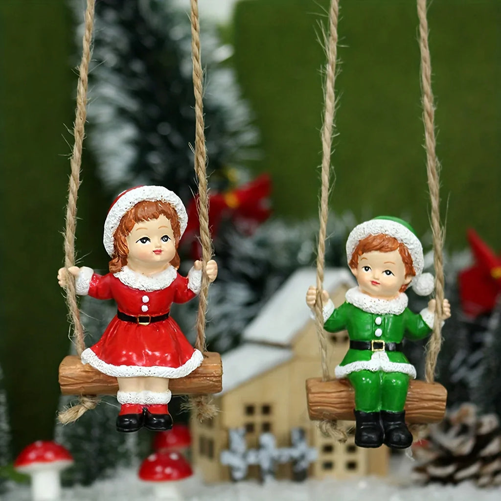 2pcs of home Christmas swing boy and girl pendants, home wall hanging statue decorations, Christmas tree decoration pendants, family holiday window sill decorations, creative garden courtyard decorations, suitable for Christm House Of Avana