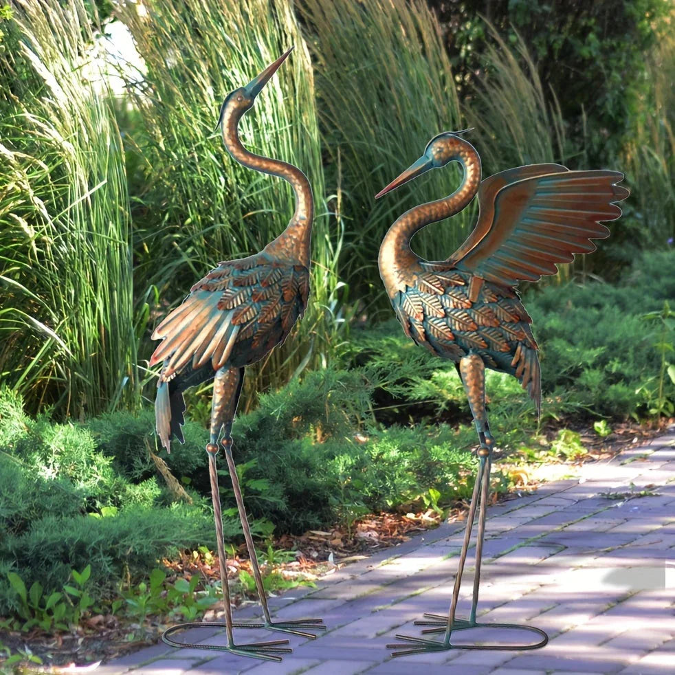 33-37in Outdoor Copper Crane Garden Statue Set - House Of Avana