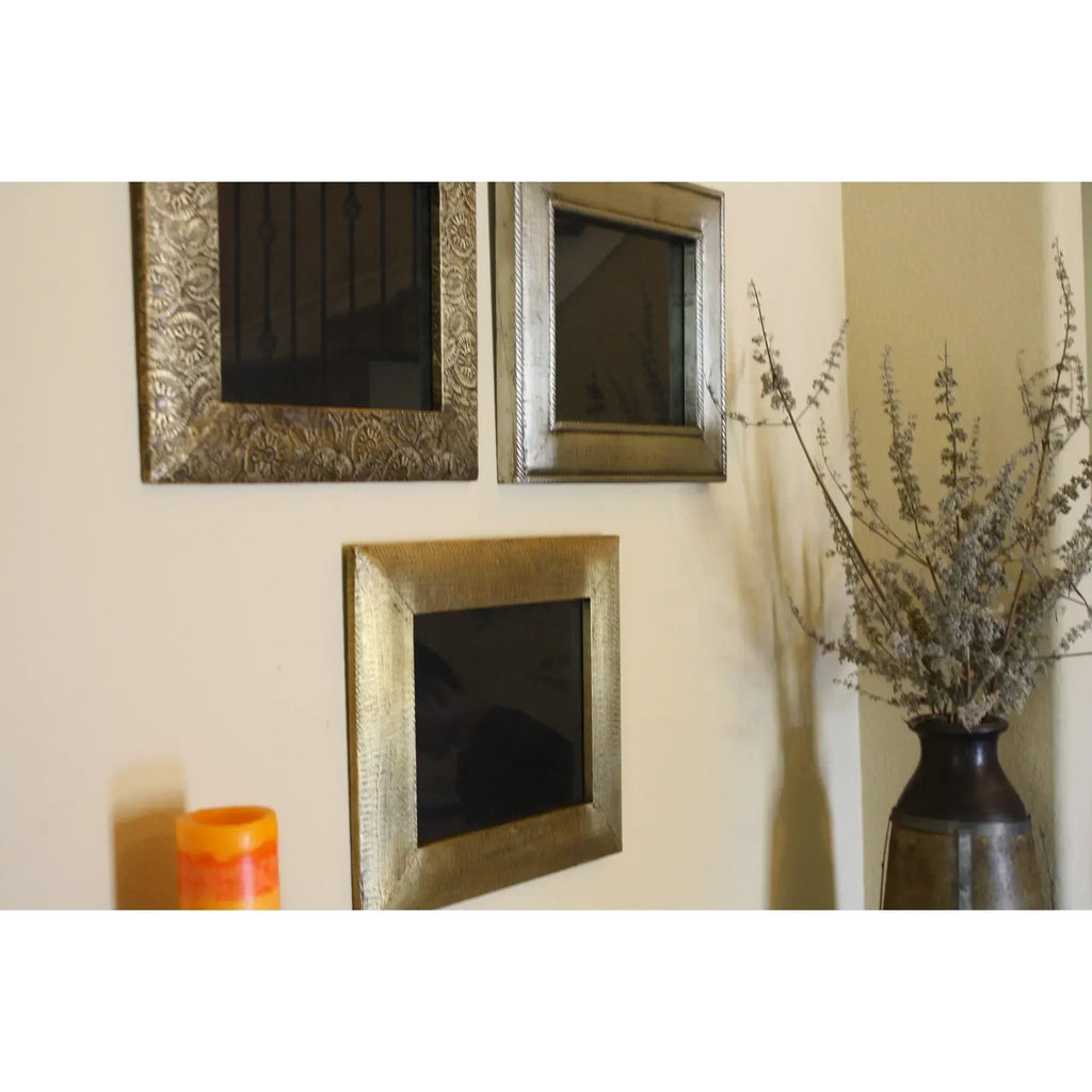 3 Piece Brass Clad Wood Picture Frame Set, angled view - House Of Avana