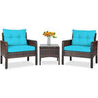 3-Piece Brown PE Rattan Outdoor Patio Furniture Dining Set w/ Turquoise Cushions
