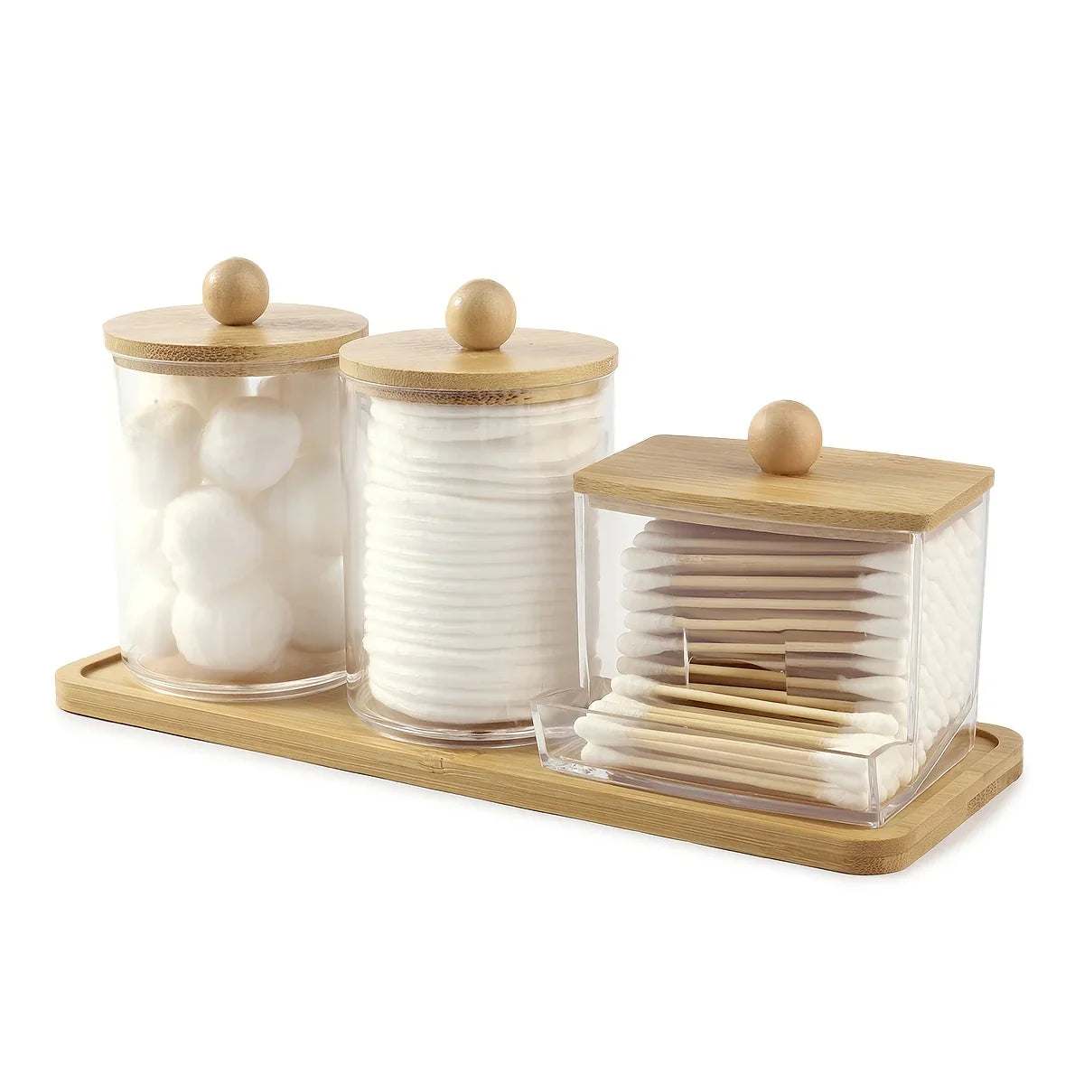 3-pack Clear Acrylic Apothecary Jars with Bamboo Lids - Refillable Bathroom Organizers for Balls, Swabs,... - House Of Avana [[SKU:HOA-TRY-016]]