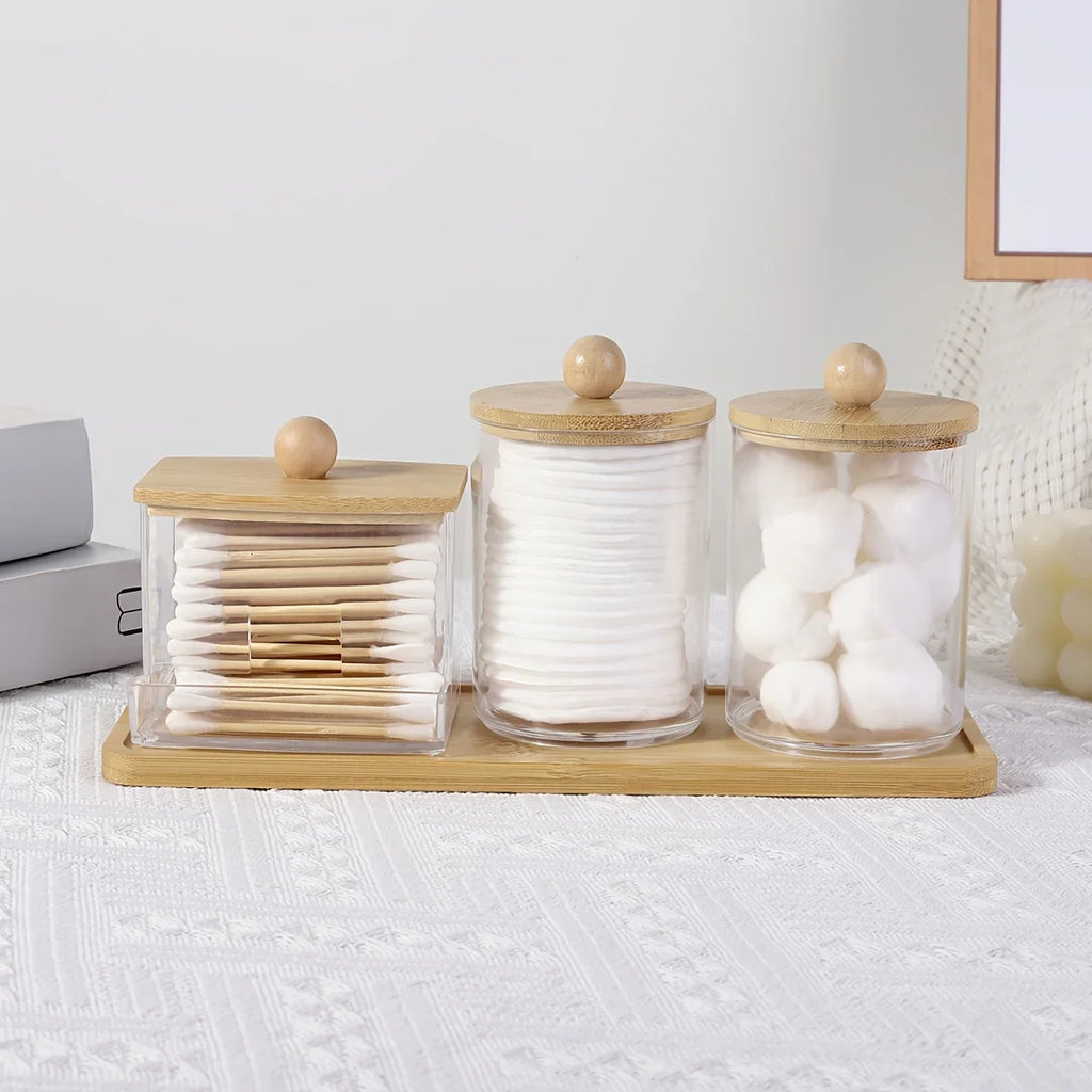 3-pack Clear Acrylic Apothecary Jars with Bamboo Lids - Refillable Bathroom Organizers for Balls, Swabs,... - House Of Avana