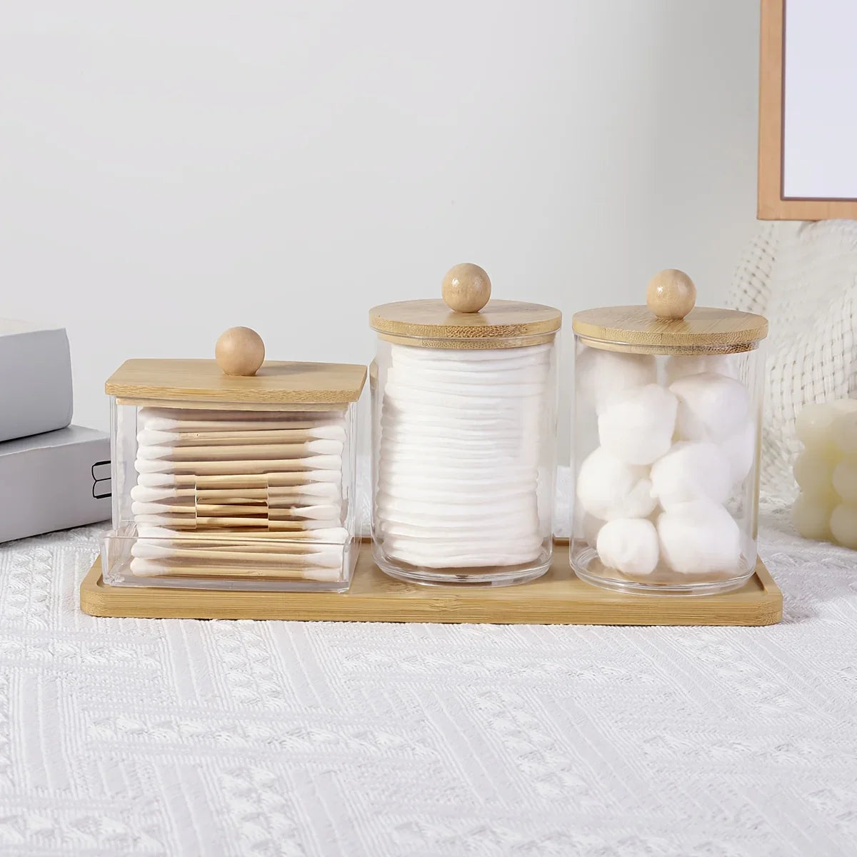 3-pack Clear Acrylic Apothecary Jars with Bamboo Lids - Refillable Bathroom Organizers for Balls, Swabs,... - House Of Avana [[SKU:HOA-TRY-016]]