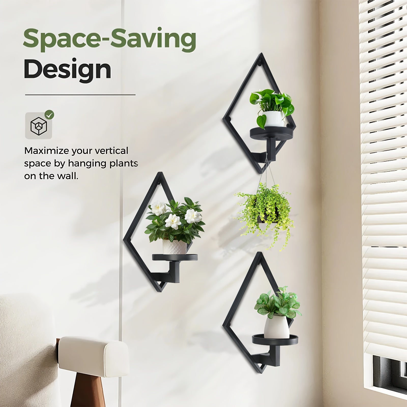 3-Pack Metal Wall Planters with Geometric Rhombic Frame Design - Indoor/Outdoor Hanging Shelves for Plants, Modern Decorative Sturdy Plant Holders for Living Room, Entryway, Windowsill - Easy Install, Wall Hanging Planter, In House Of Avana