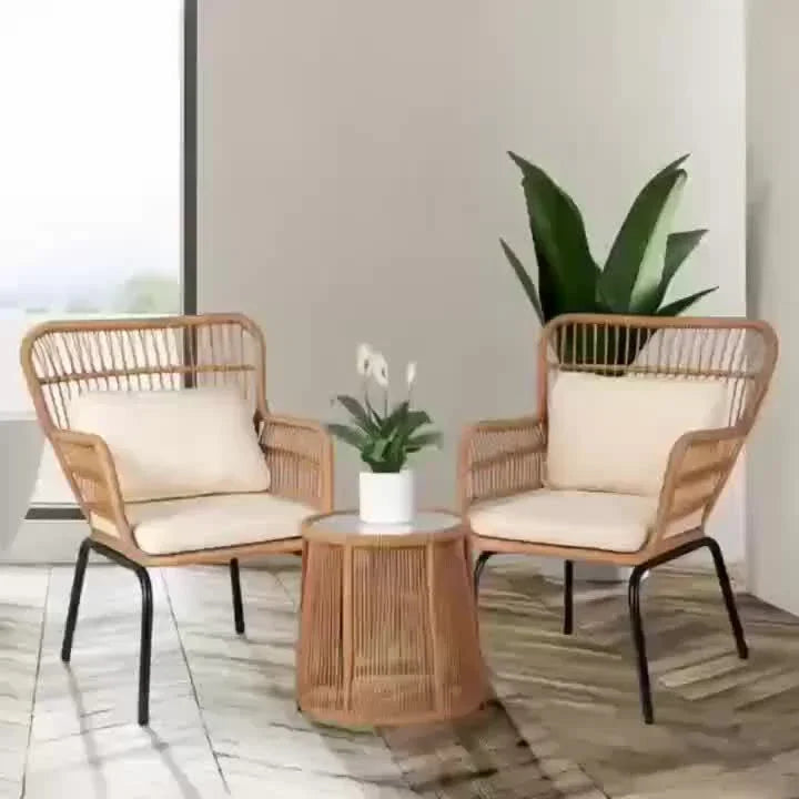 S Boho Outdoor Small Patio Furniture Chair Set with Beige Cushion and Round Glass Table Side Table... - House Of Avana