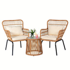 S Boho Outdoor Small Patio Furniture Chair Set with Beige Cushion and Round Glass Table Side Table... - House Of Avana