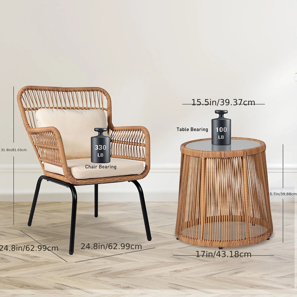 S Boho Outdoor Small Patio Furniture Chair Set with Beige Cushion and Round Glass Table Side Table... - House Of Avana
