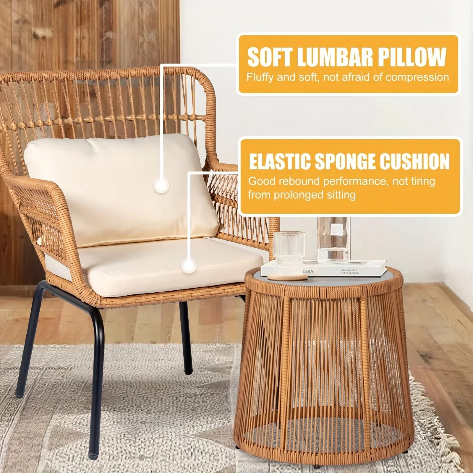 S Boho Outdoor Small Patio Furniture Chair Set with Beige Cushion and Round Glass Table Side Table... - House Of Avana