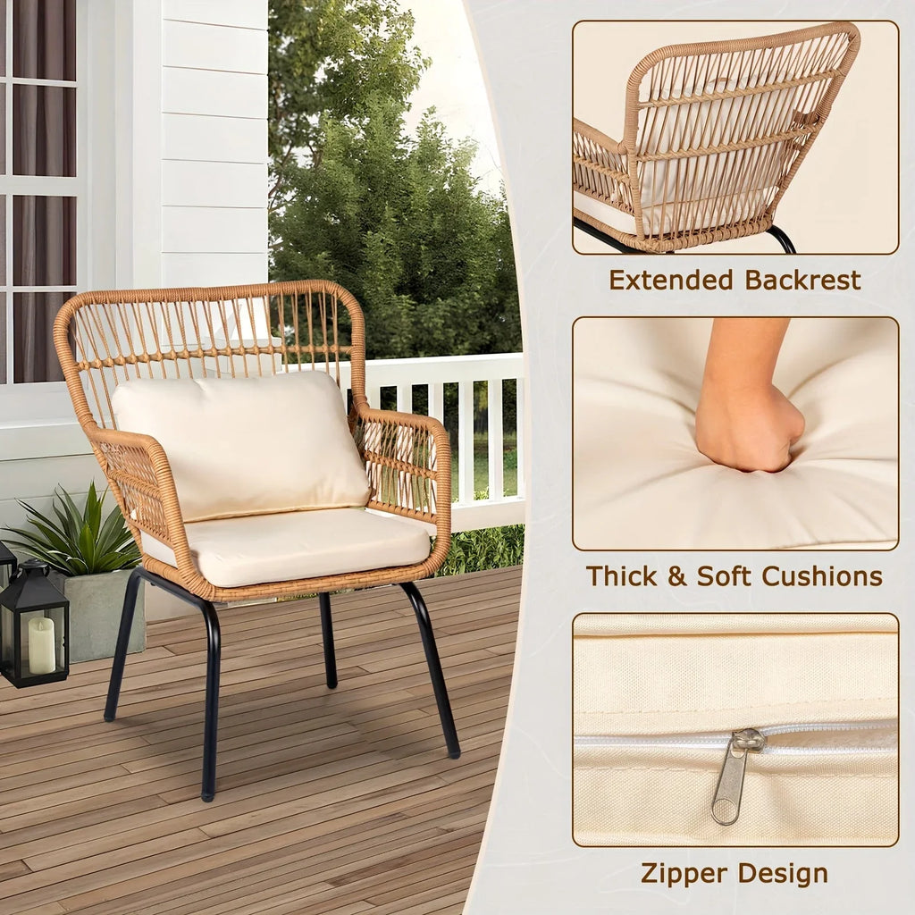 S Boho Outdoor Small Patio Furniture Chair Set with Beige Cushion and Round Glass Table Side Table... - House Of Avana