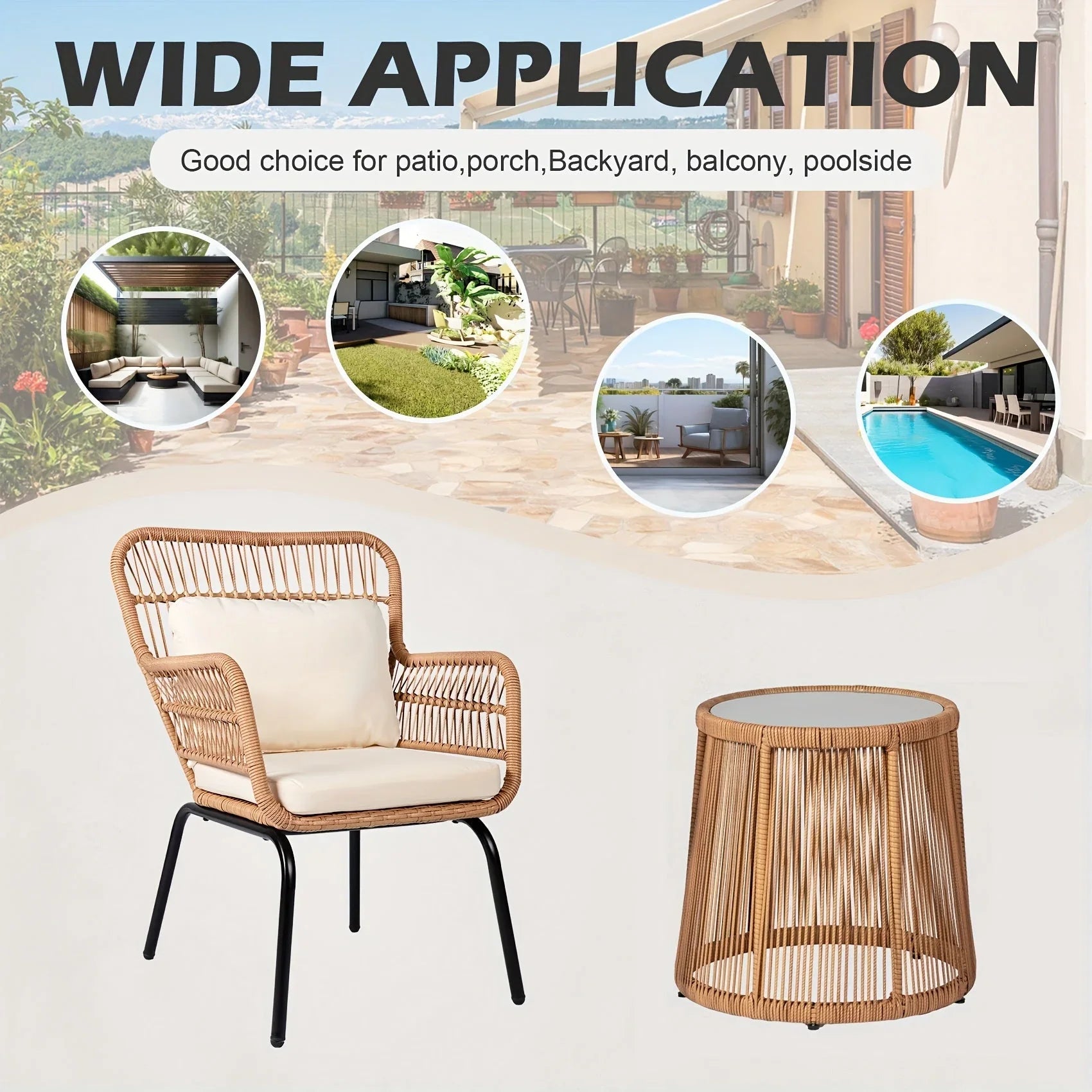 S Boho Outdoor Small Patio Furniture Chair Set with Beige Cushion and Round Glass Table Side Table... - House Of Avana