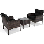 3-Piece Brown PE Rattan Outdoor Dining Patio Furniture Set with Black Cushions