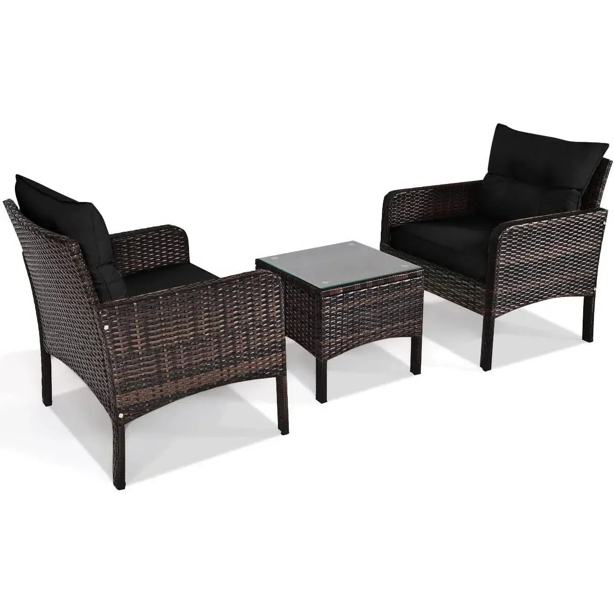 3-Piece Brown PE Rattan Outdoor Dining Patio Furniture Set with Black Cushions