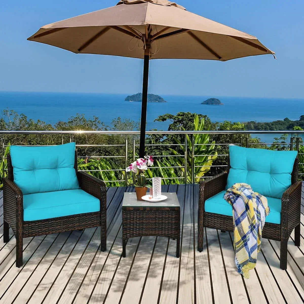 3-Piece Brown PE Rattan Outdoor Patio Furniture Dining Set with Cushions - 26