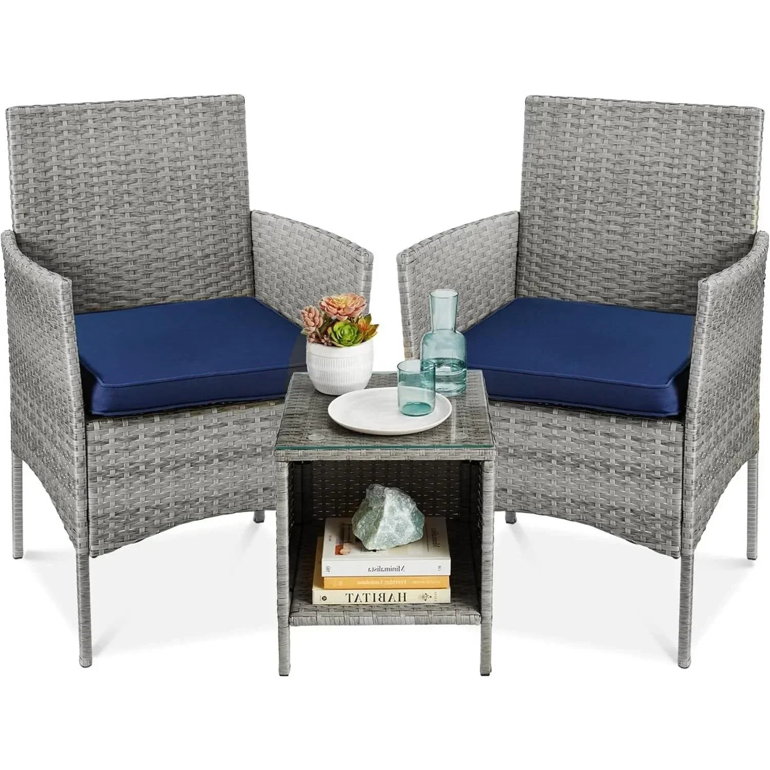 3-Piece Grey PE Wicker Outdoor Patio Furniture Dining Set w/ Navy Blue Cushions