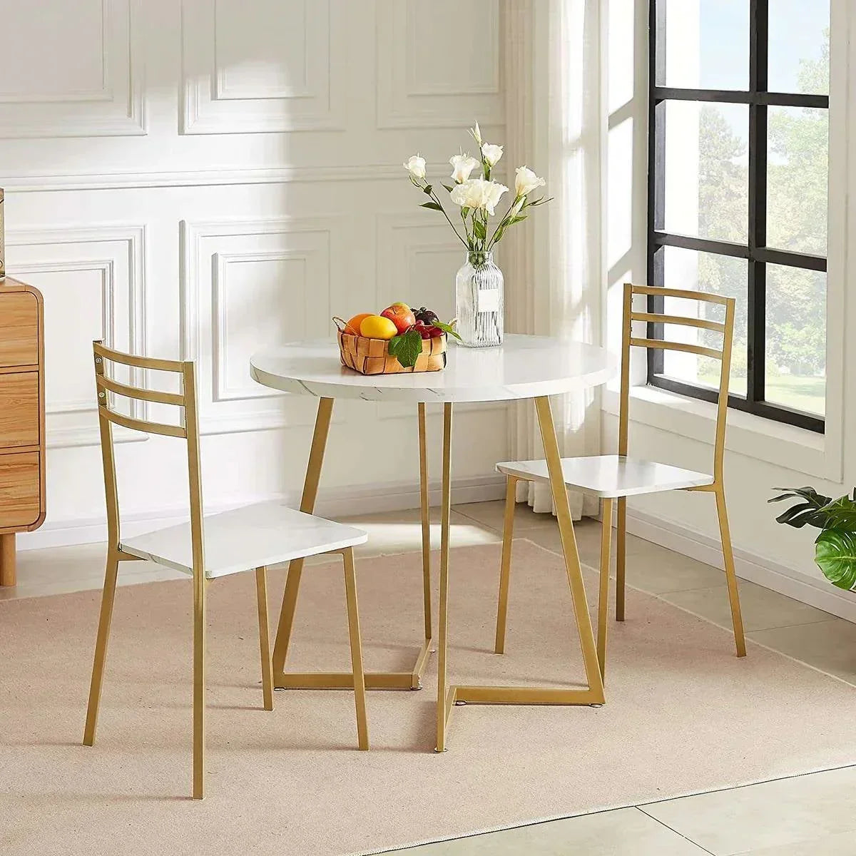 3-Piece Kitchen Dining Set with Round White Faux Marble-Top Table and 2 Chairs