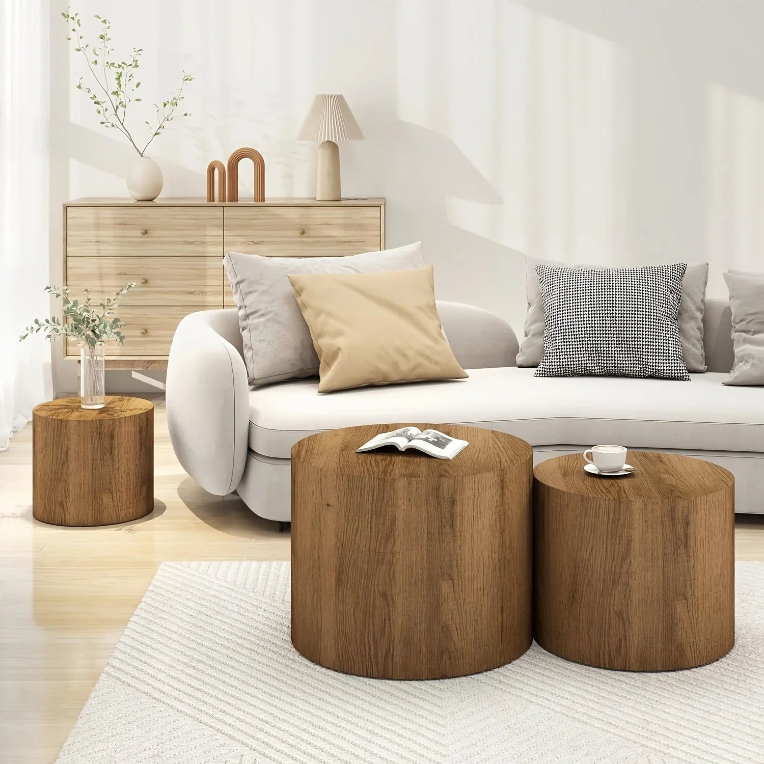Kinder King Nested Coffee Table Three Piece Set, Circular Wooden Coffee Table, Modern Circular Table for Living Room And Bedroom, Emphasizing Side Table And End Table, Space Saving Design, No Need for Assembly House Of Avana