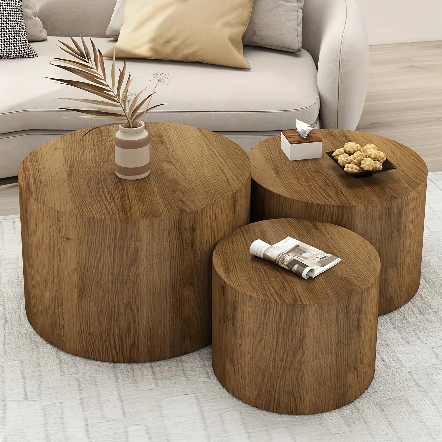 Kinder King Nested Coffee Table Three Piece Set, Circular Wooden Coffee Table, Modern Circular Table for Living Room And Bedroom, Emphasizing Side Table And End Table, Space Saving Design, No Need for Assembly House Of Avana
