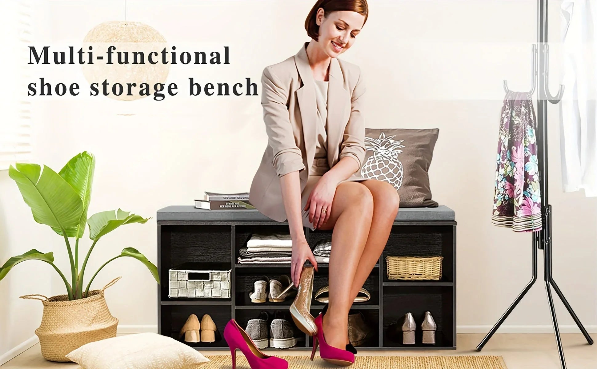 Shoe Storage Bench, Entryway Bench with Storage, 3-Tier Shoe Rack Bench 10 Cubbies Adjustable Shelves Shoe Organizer Shelf for Hallway Front Door Living Room Bedroom House Of Avana