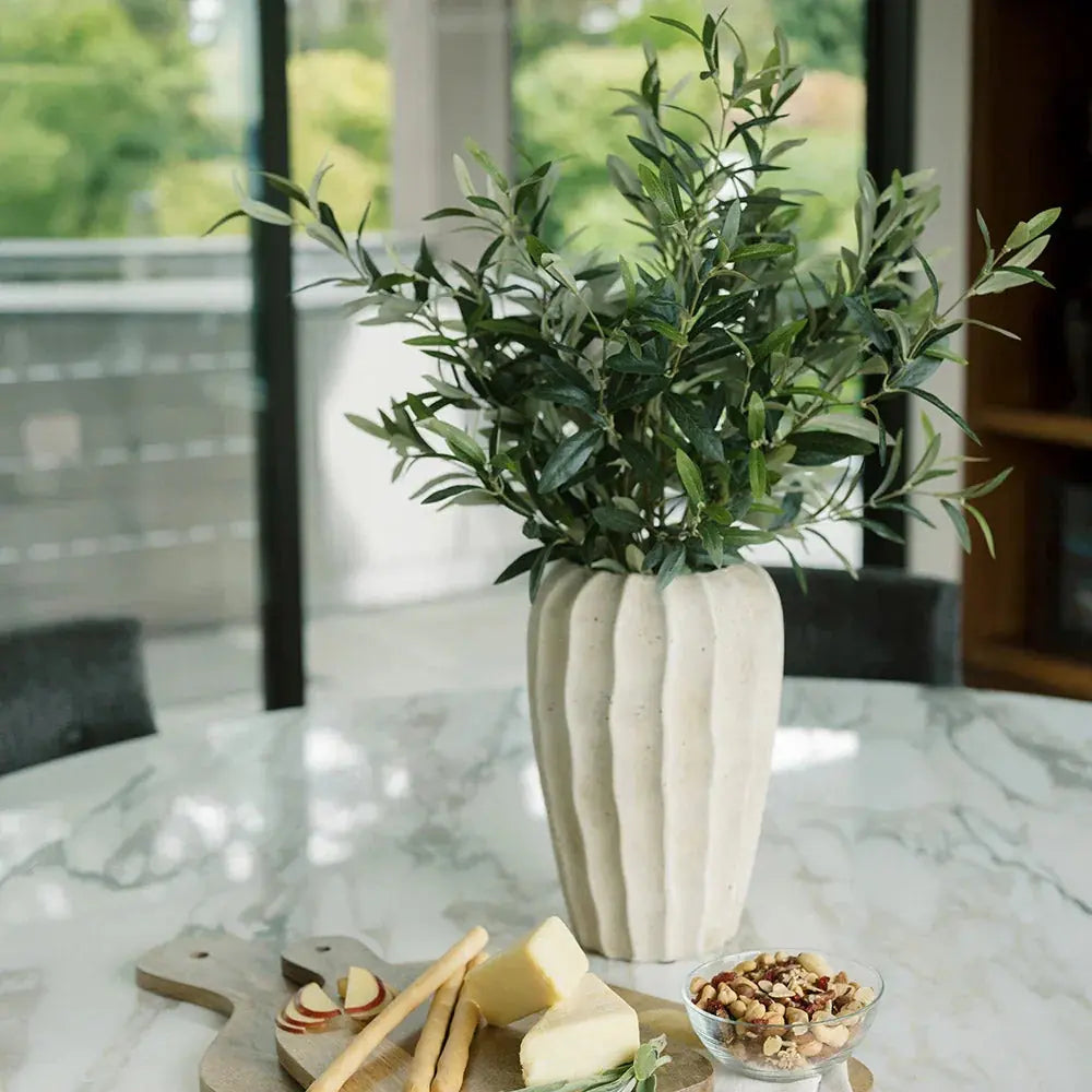 30" Faux Olive Arrangement in Artisan Vase, side view - House Of Avana