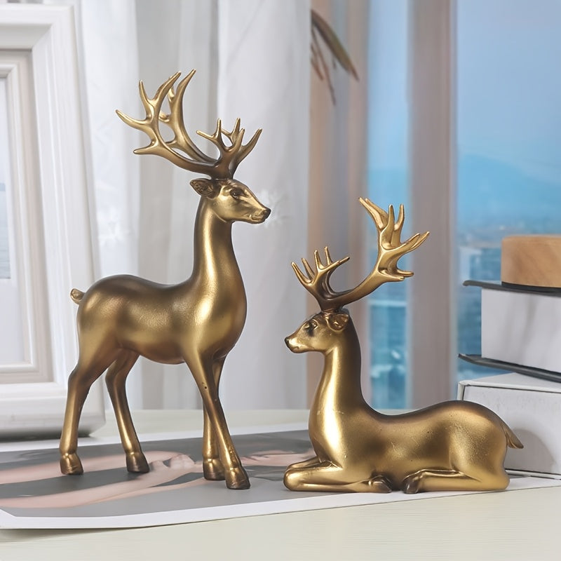2pcs Black & Golden Deer Figurines - Elegant Standing Deer Statues with Antlers, Durable Plastic Christmas Decor for Home, Office, Living Room House Of Avana