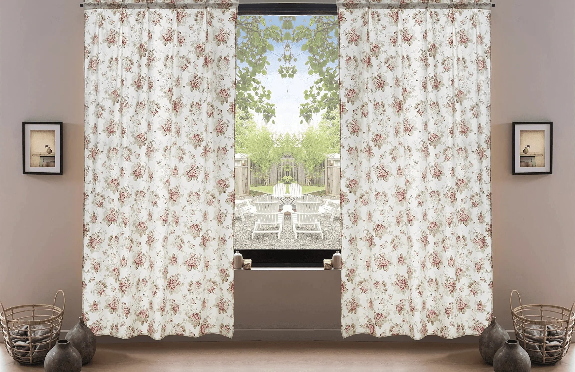 DaDa Bedding Set of 2-Pieces Hint of Mint Dainty Floral Pink Roses Cottage Sheer Window Panel Curtains (JHW3036) DaDalogy Bedding Collection