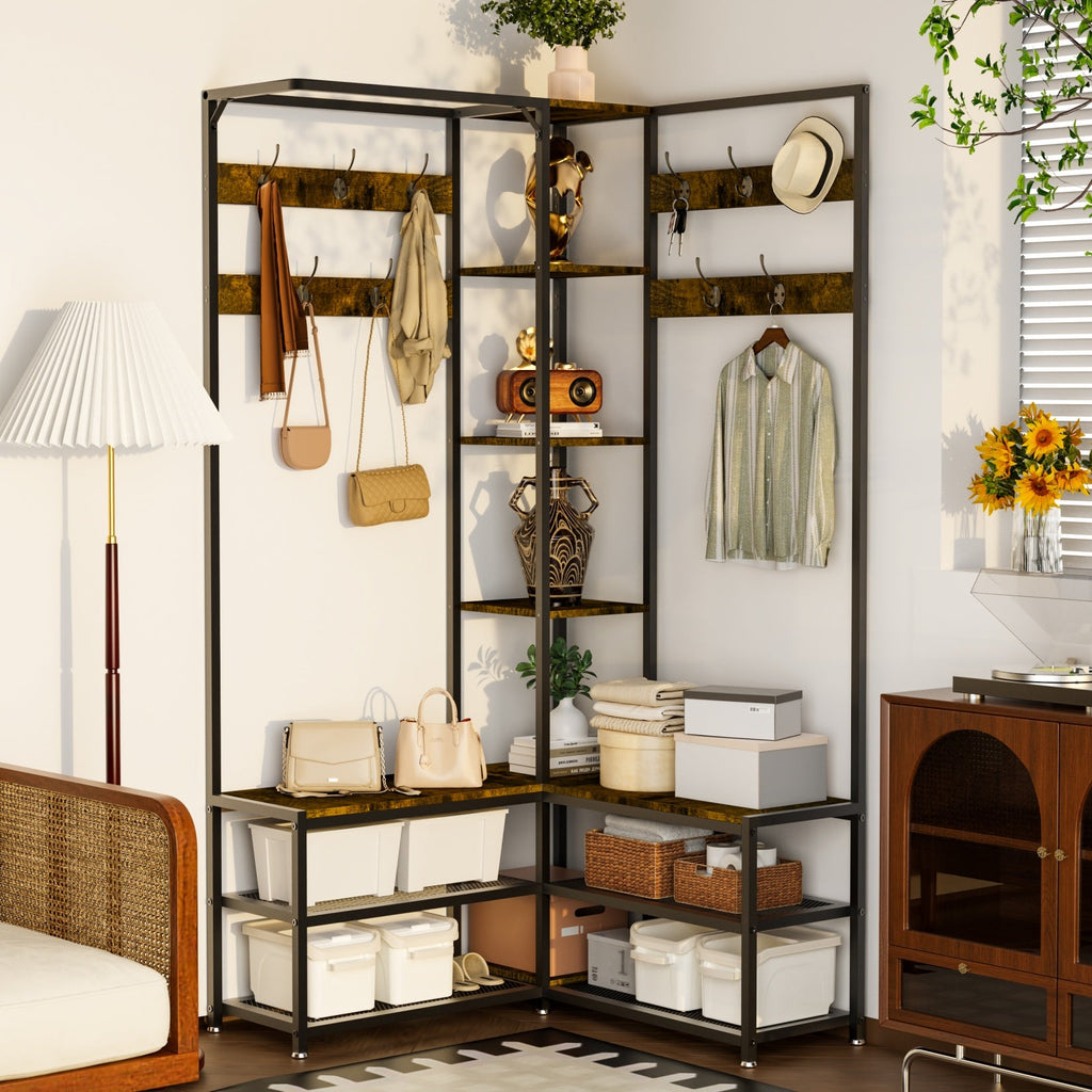 178.5cm H Coat Rack Shoe Bench: Industrial Corner Coat Stand with Shoe Rack Storage Bench for Entryway, Coat Rack Stand with 10 Hooks for Living Room, Bedroom, Rustic Brown House Of Avana