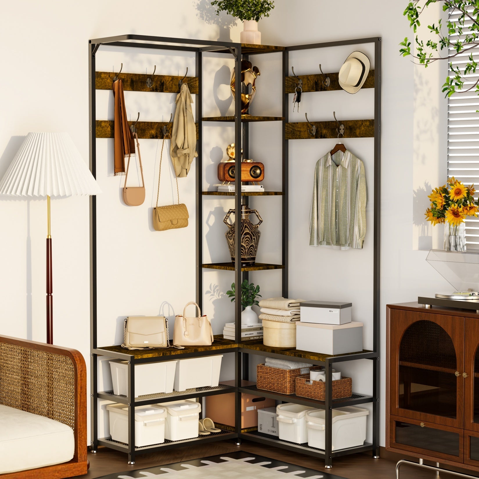 178.5cm H Coat Rack Shoe Bench: Industrial Corner Coat Stand with Shoe Rack Storage Bench for Entryway, Coat Rack Stand with 10 Hooks for Living Room, Bedroom, Rustic Brown House Of Avana