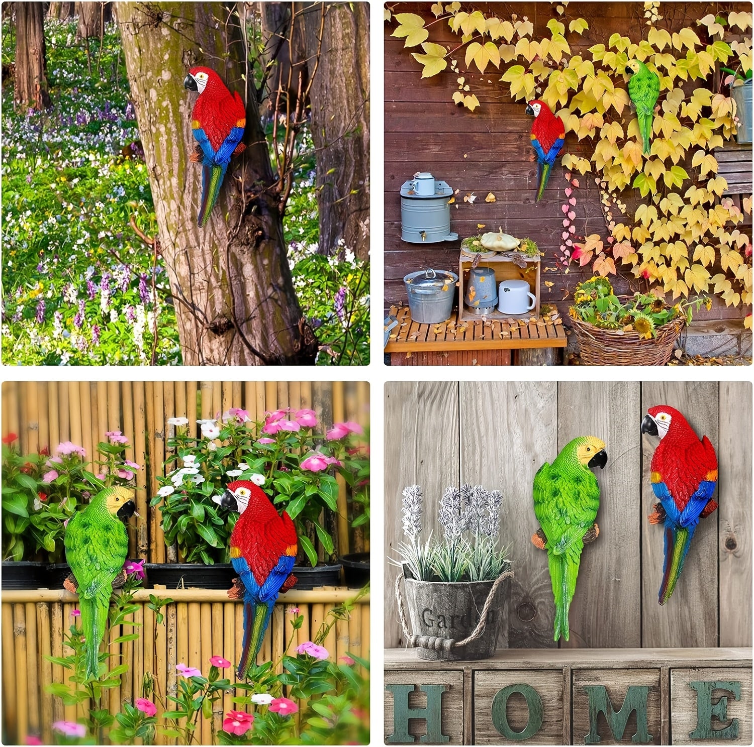 A Pair Simulation Parrot Wall Decoration, 12 Inch Lifelike Outdoor Golden Parrot Sculpture, Tropical Realistic Green And Red Parrot Bird Decoration, Used for Courtyard Gardens, Lawns, Trees, Walls House Of Avana