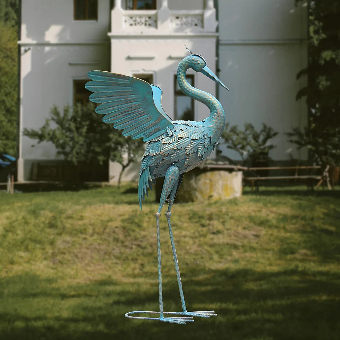 33in Cyan Metal Crane Sculpture Decor - House Of Avana