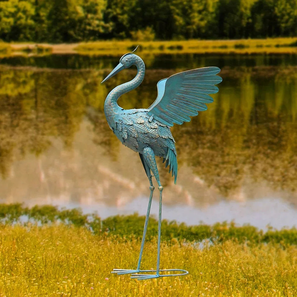 33in Cyan Metal Crane Sculpture Decor - House Of Avana