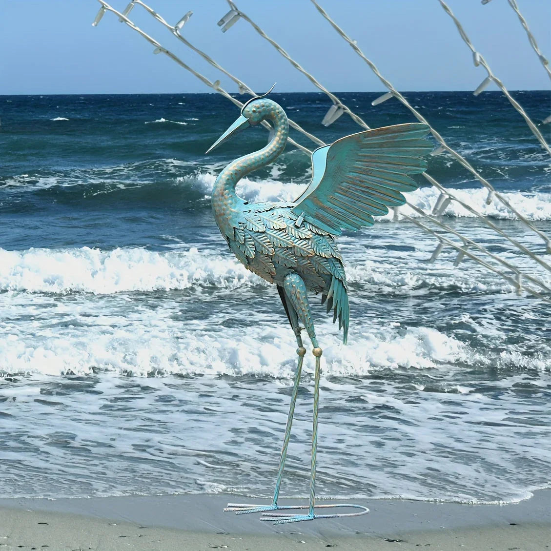 33in Cyan Metal Crane Sculpture Decor - House Of Avana